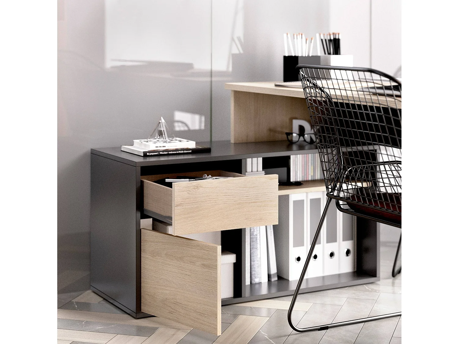 Escritorio Gardena, Escritorio multiposición para oficina o dormitorio, Mesa de estudio esquina multiusos, 139x92h75 cm, Roble y Antracita