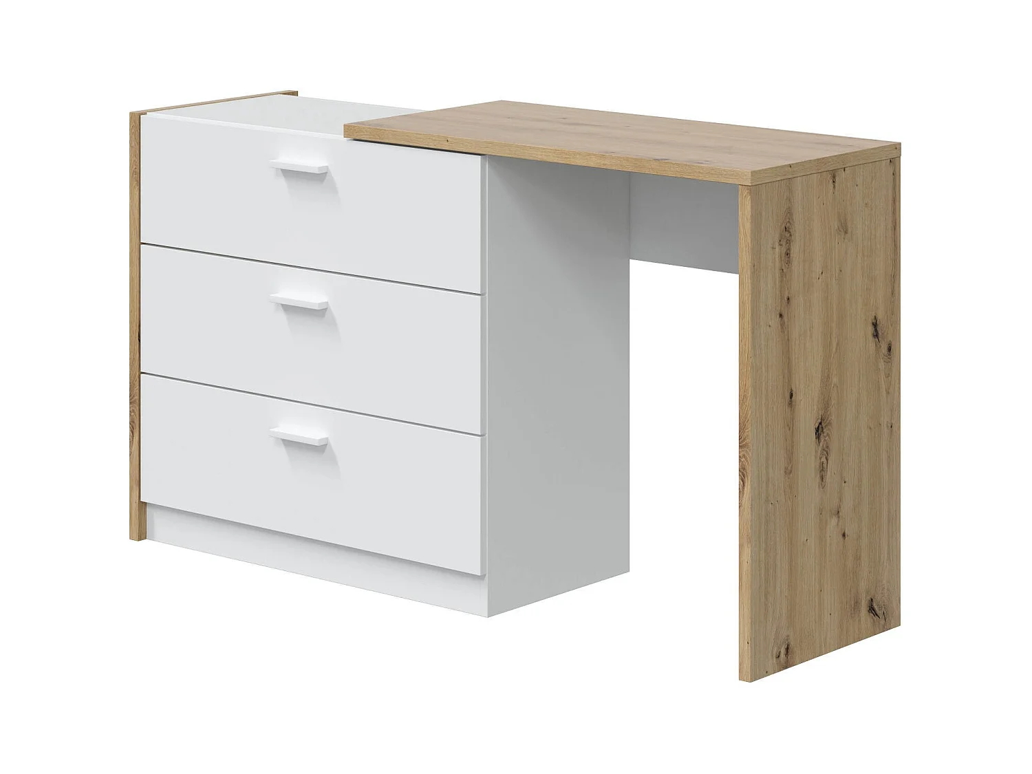 Toronto bureau, Bureau met laden en uitschuifbaar blad, Studeer- of kantoortafel voor pc, 75x40h130 cm, Wit en knoestig eiken