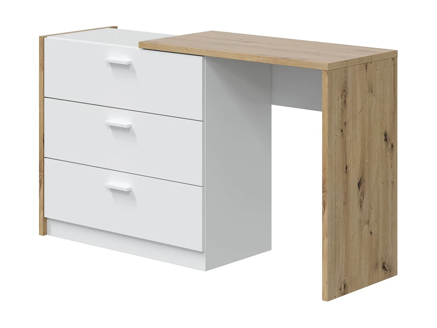 Bureau Toronto, Bureau avec tiroirs et plateau escamotable, Table d'étude ou de bureau pour PC, 75x40h130 cm, Chêne blanc et noueux