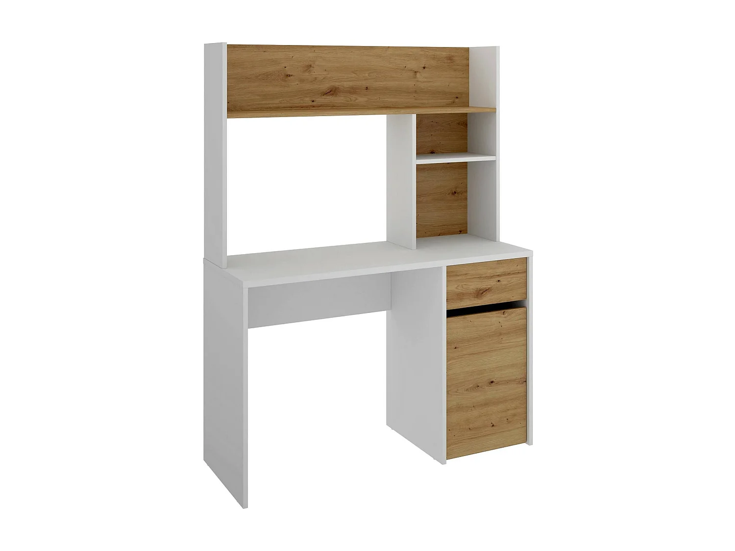 Escritorio Fara, Escritorio Lineal con librería, Mesa de estudio multiusos para ahorrar espacio, 110x50h152 cm, Blanco y Roble Nodi