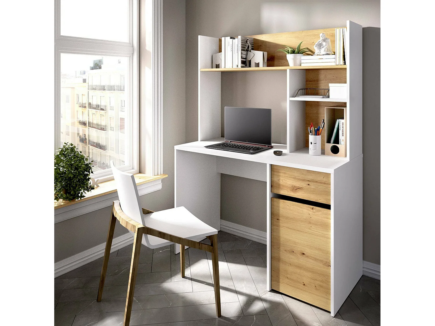 Escritorio Fara, Escritorio Lineal con librería, Mesa de estudio multiusos para ahorrar espacio, 110x50h152 cm, Blanco y Roble Nodi