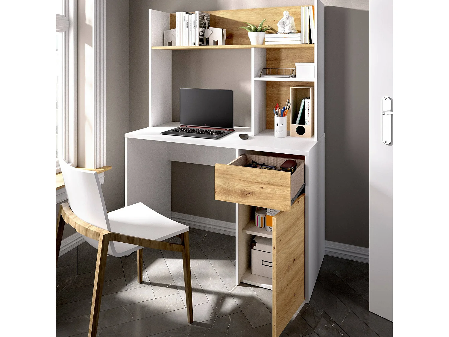 Escritorio Fara, Escritorio Lineal con librería, Mesa de estudio multiusos para ahorrar espacio, 110x50h152 cm, Blanco y Roble Nodi