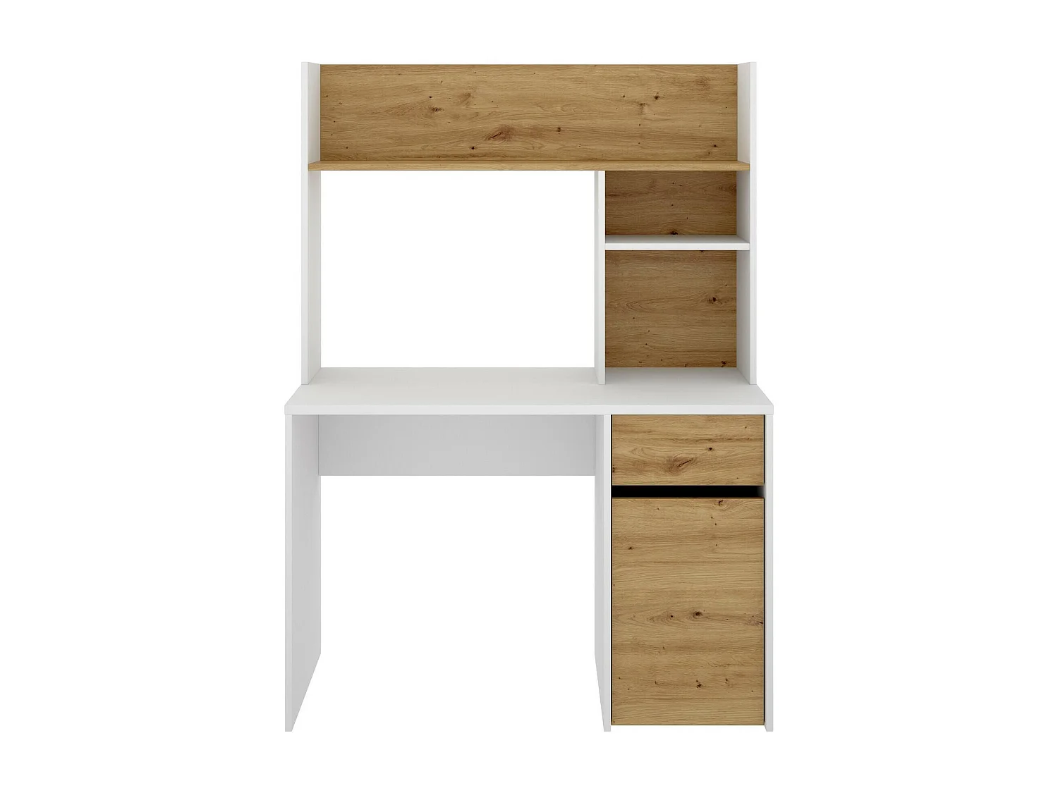 Escritorio Fara, Escritorio Lineal con librería, Mesa de estudio multiusos para ahorrar espacio, 110x50h152 cm, Blanco y Roble Nodi