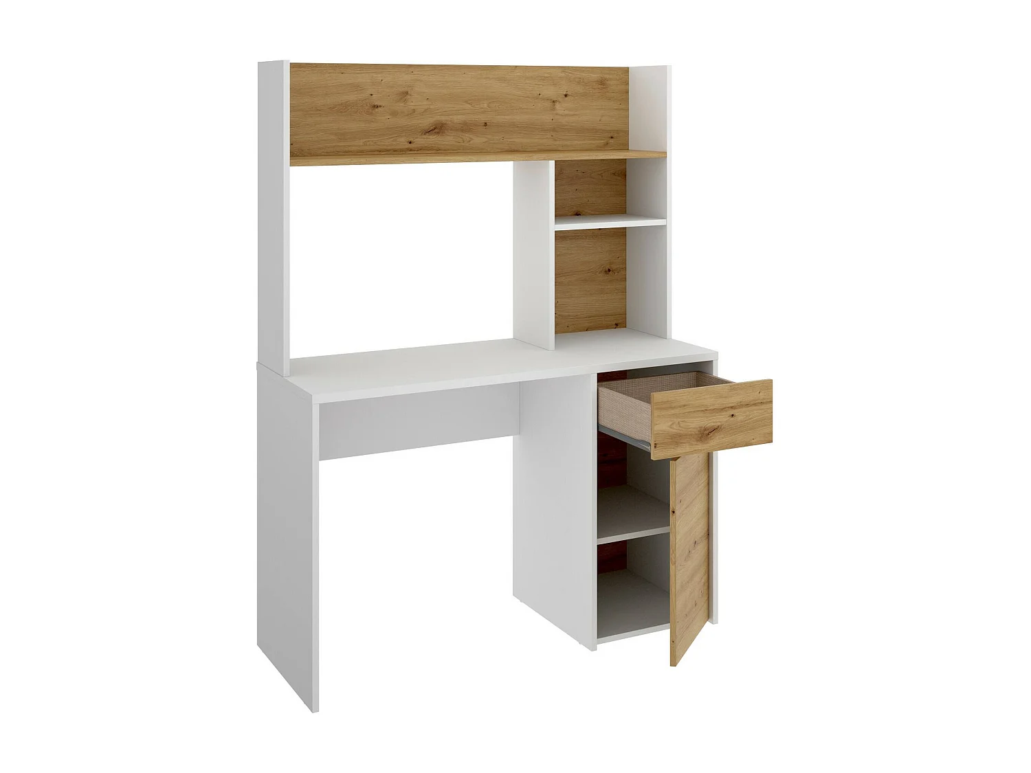 Escritorio Fara, Escritorio Lineal con librería, Mesa de estudio multiusos para ahorrar espacio, 110x50h152 cm, Blanco y Roble Nodi