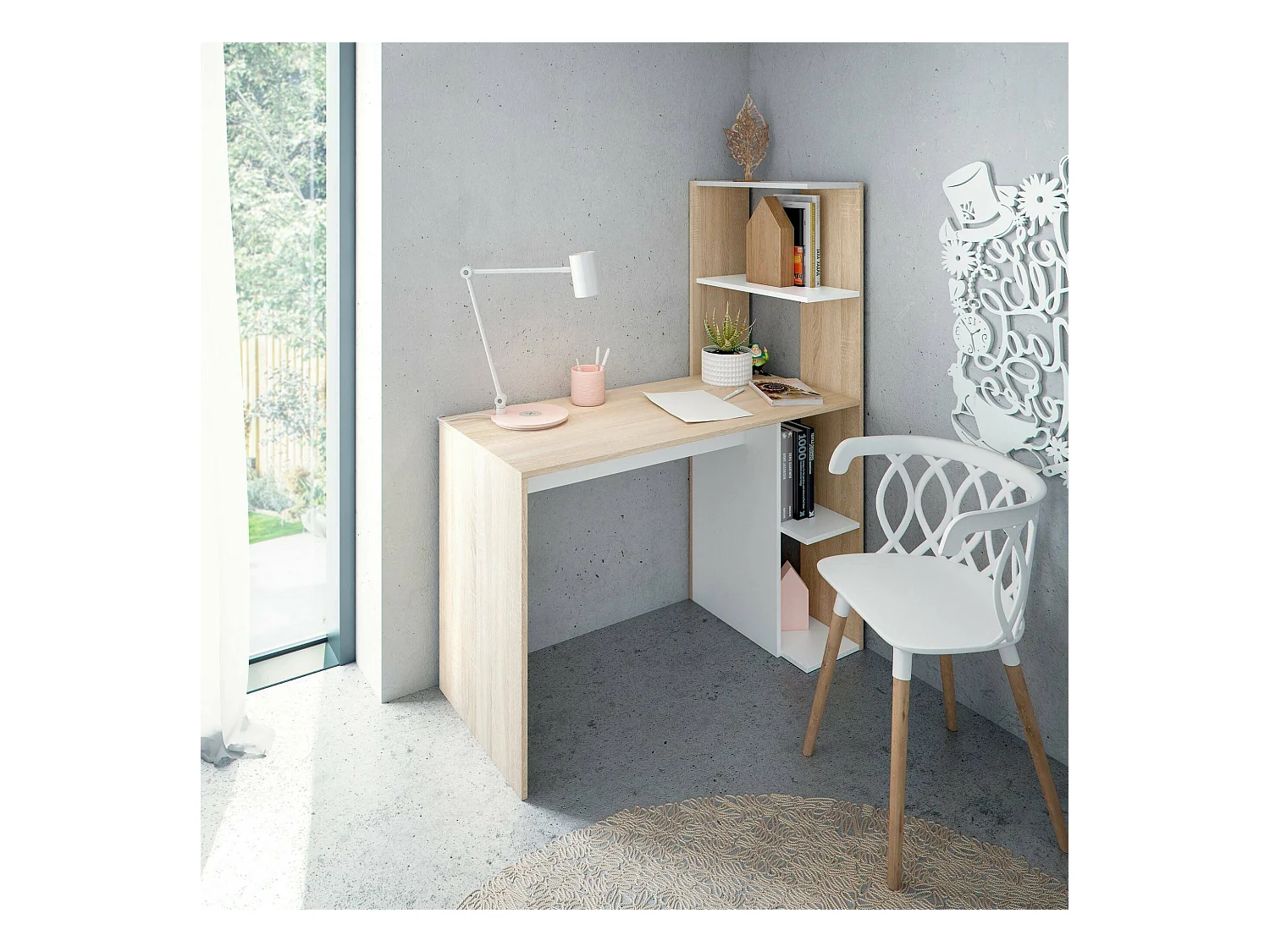 Pittston Desk, Bureau linéaire avec bibliothèque, Table de bureau polyvalente peu encombrante, 110x52h136 cm, Blanc et Chêne