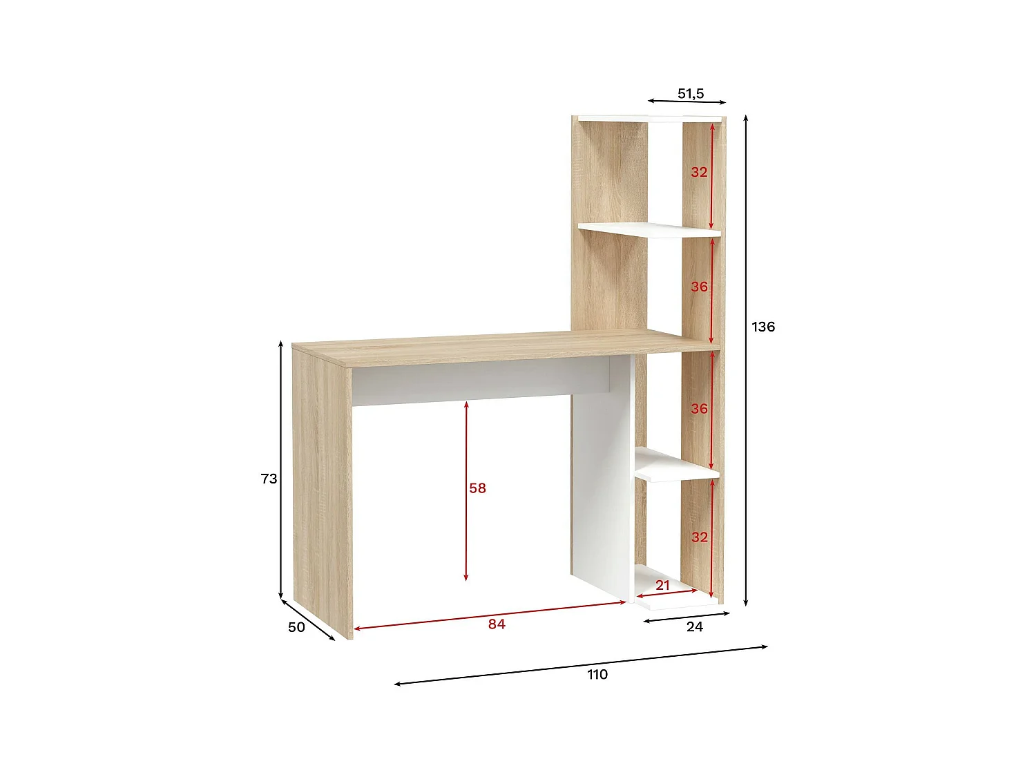 Pittston Desk, Bureau linéaire avec bibliothèque, Table de bureau polyvalente peu encombrante, 110x52h136 cm, Blanc et Chêne
