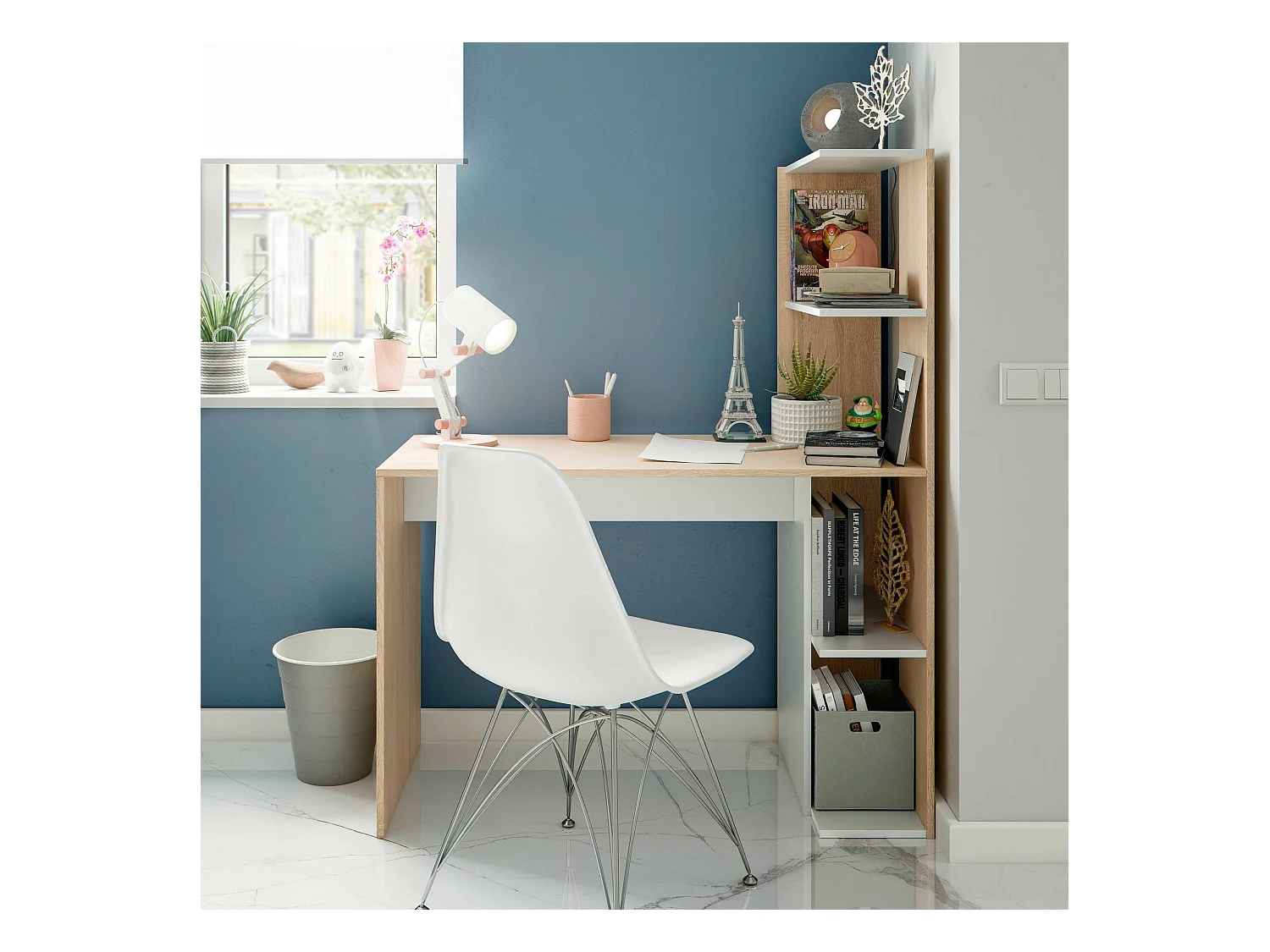 Pittston Desk, Bureau linéaire avec bibliothèque, Table de bureau polyvalente peu encombrante, 110x52h136 cm, Blanc et Chêne