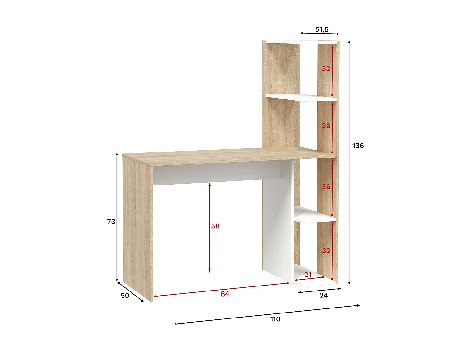 Pittston Desk, Bureau linéaire avec bibliothèque, Table de bureau polyvalente peu encombrante, 110x52h136 cm, Blanc et Chêne