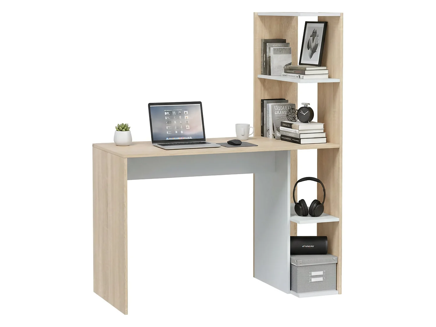 Dmora Bureau Pittston 52x110x136h cm Wit, Modulair met 4 Planken en Boekenkast