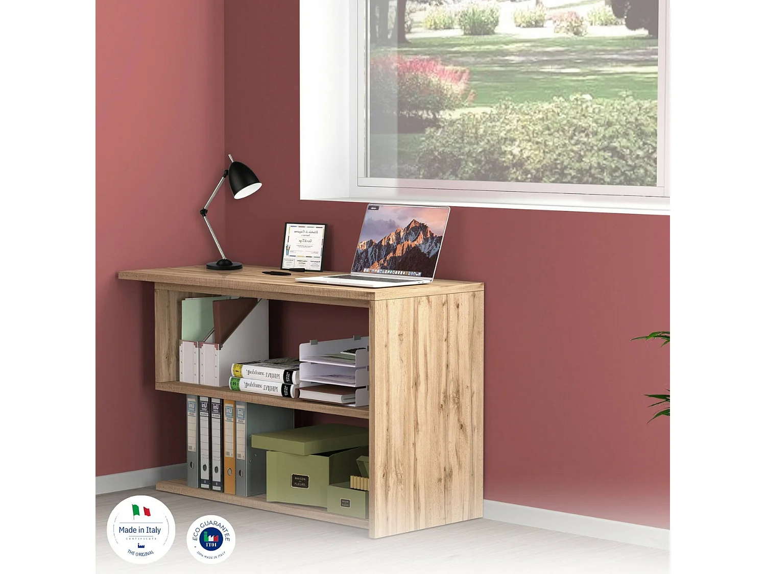 Bureau Candido, Bureau PC d'angle, Table de bureau polyvalente, Bureau gain de place multi-positions, 100% Made in Italy, 120x50h75 cm, Chêne