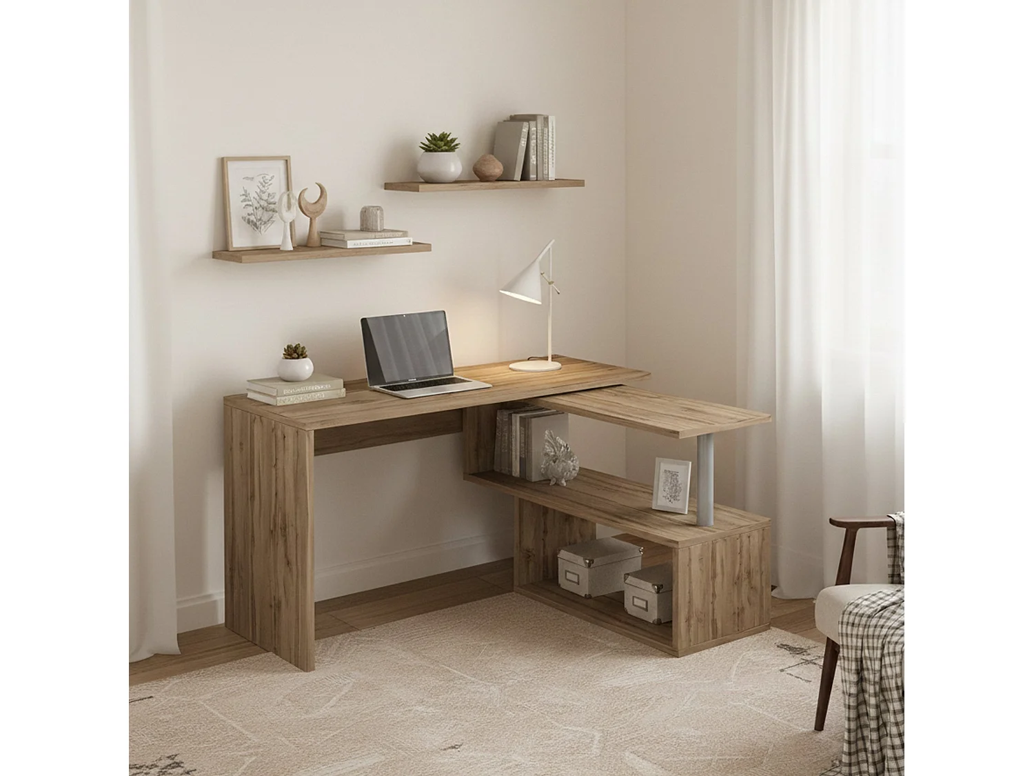 Dmora Bureau Wit 50x120x75h cm Bruin Eikenhoek, 2 Planken Made in Italy