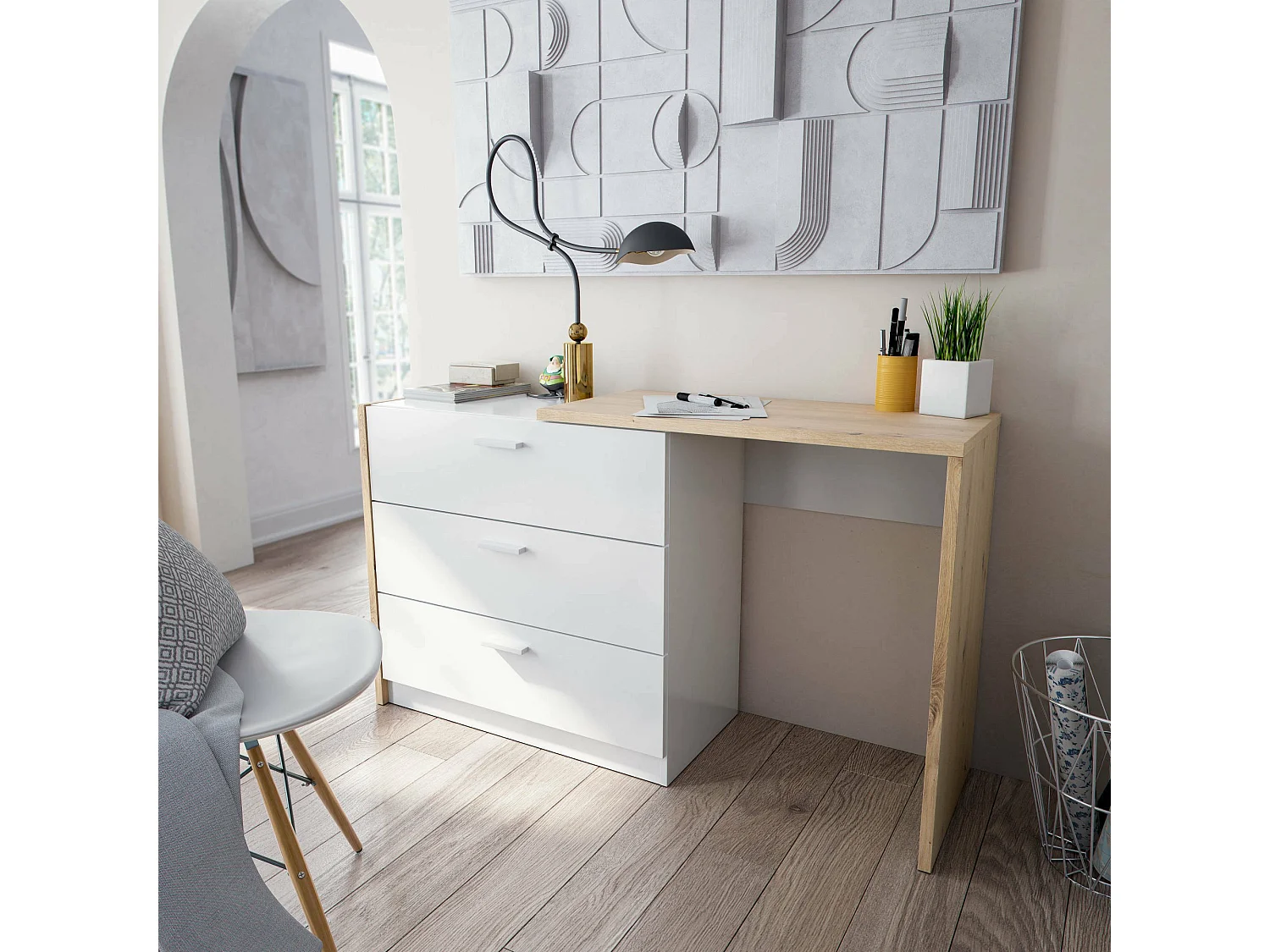 Bureau Dmonac, Bureau avec tiroirs et plateau escamotable, Table d'étude ou de bureau pour PC, 75x40h130 cm, Chêne blanc et noueux