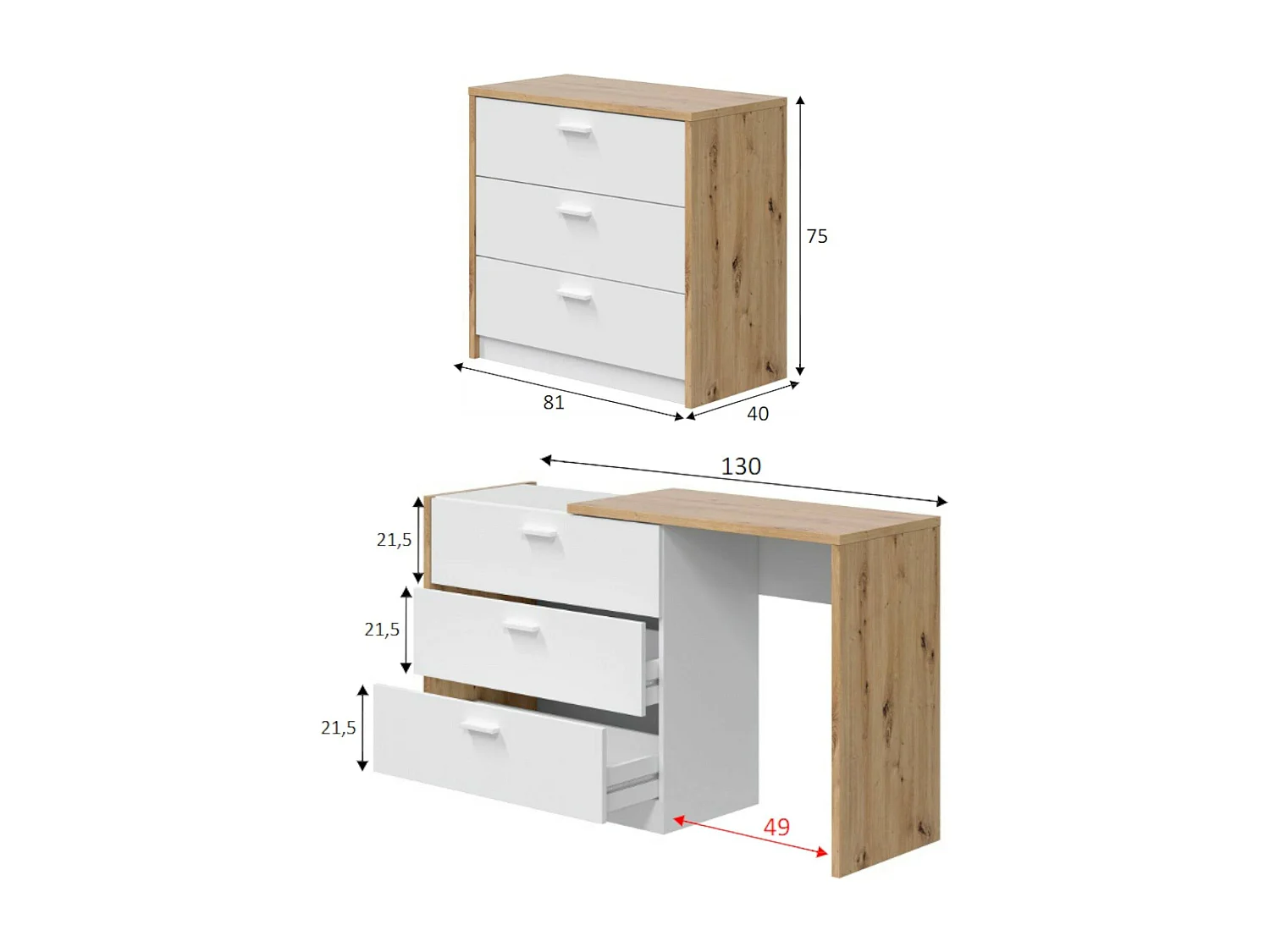 Bureau Dmonac, Bureau avec tiroirs et plateau escamotable, Table d'étude ou de bureau pour PC, 75x40h130 cm, Chêne blanc et noueux