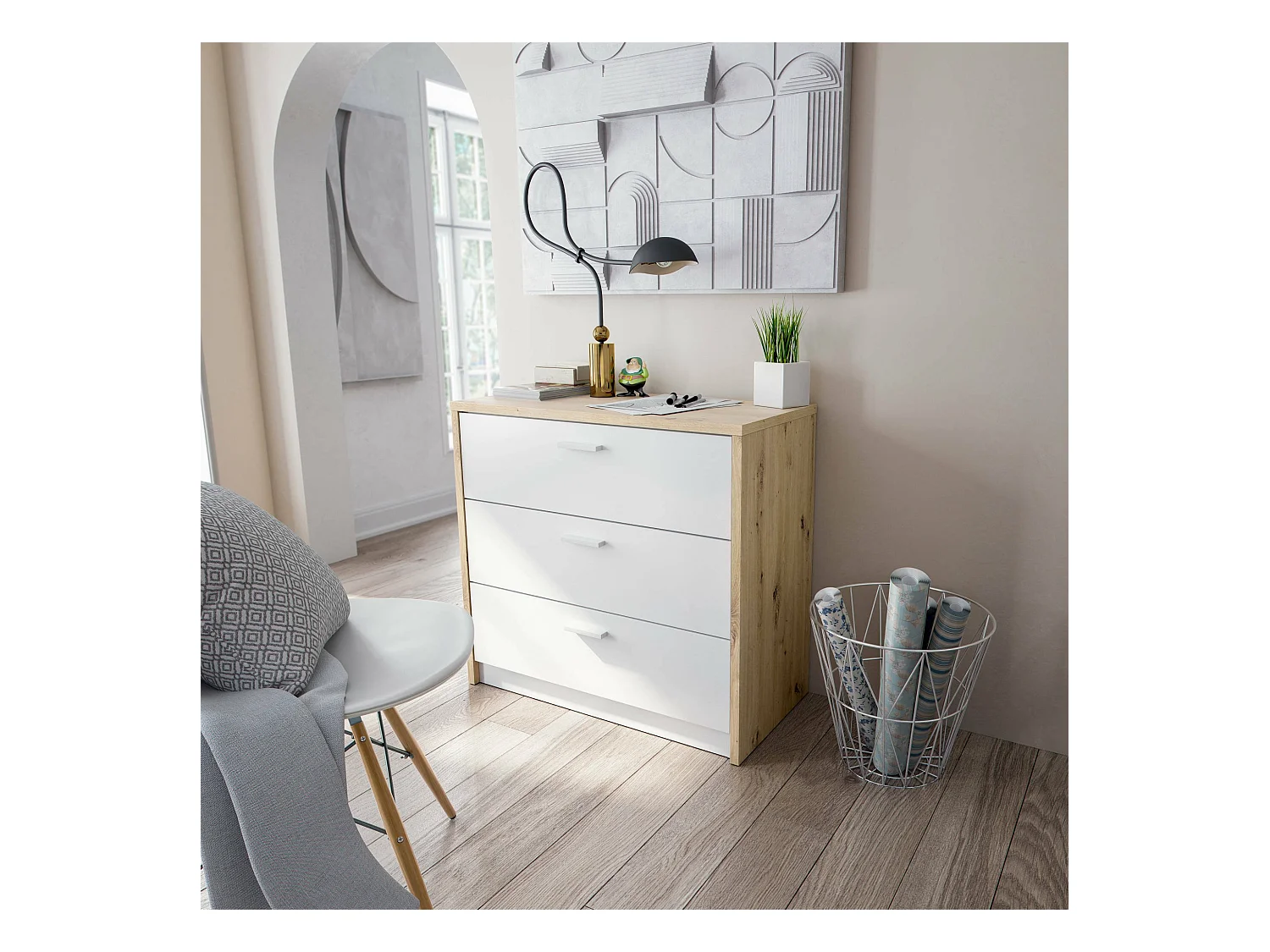 Bureau Dmonac, Bureau avec tiroirs et plateau escamotable, Table d'étude ou de bureau pour PC, 75x40h130 cm, Chêne blanc et noueux