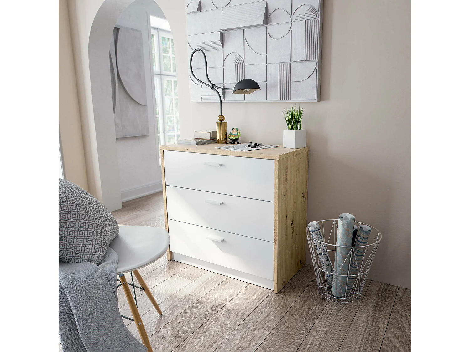 Bureau Dmonac, Bureau avec tiroirs et plateau escamotable, Table d'étude ou de bureau pour PC, 75x40h130 cm, Chêne blanc et noueux