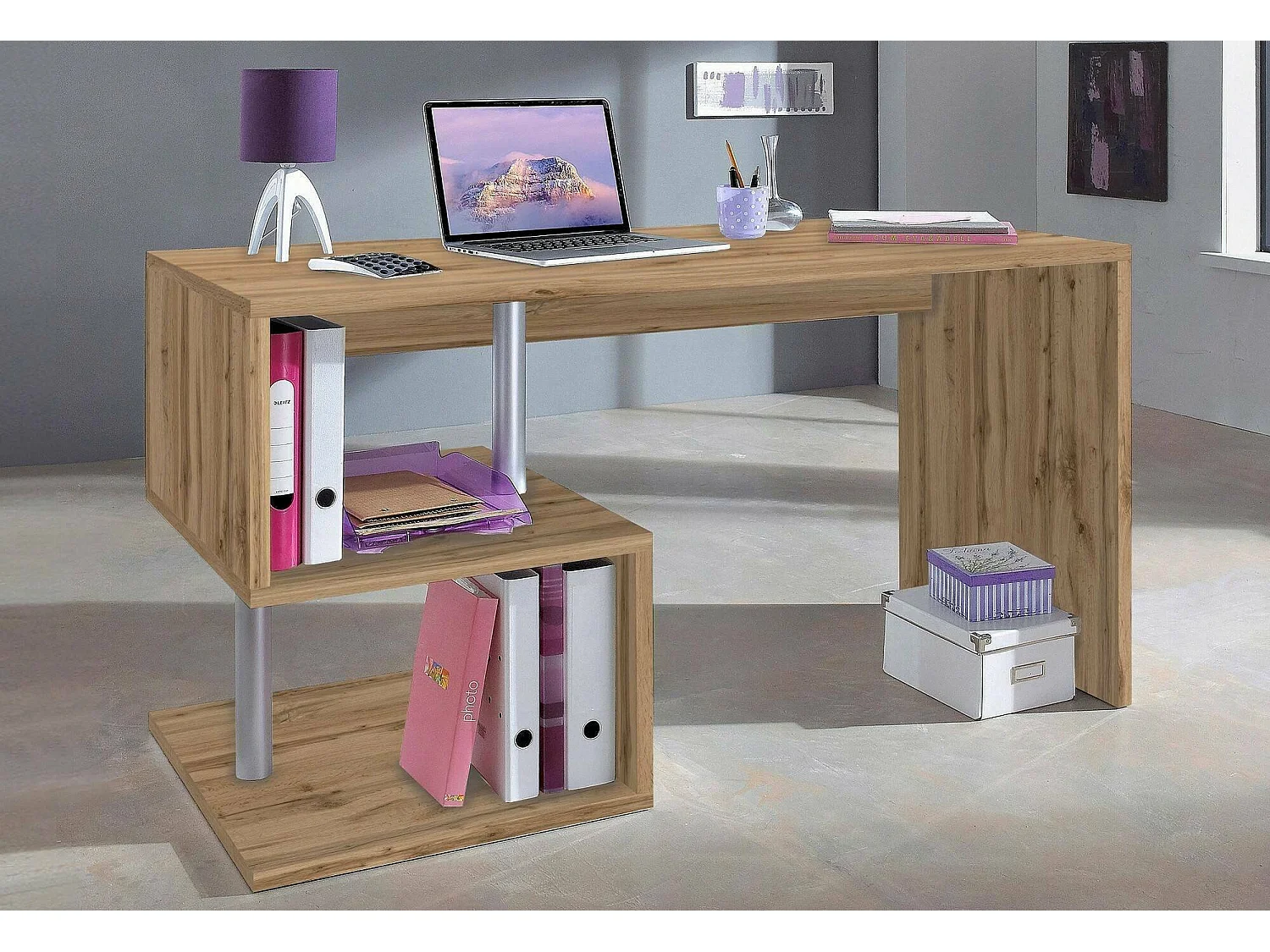 Bureau Valerio, Bureau PC Linéaire, Table de bureau polyvalente, Bureau gain de place multi-positions, 100% Made in Italy, 140x60h78 cm, Chêne