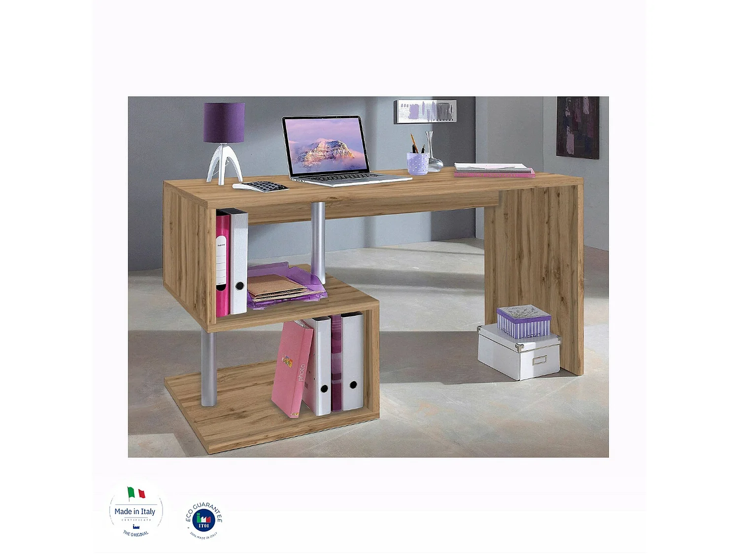 Bureau Valerio, Bureau PC Linéaire, Table de bureau polyvalente, Bureau gain de place multi-positions, 100% Made in Italy, 140x60h78 cm, Chêne