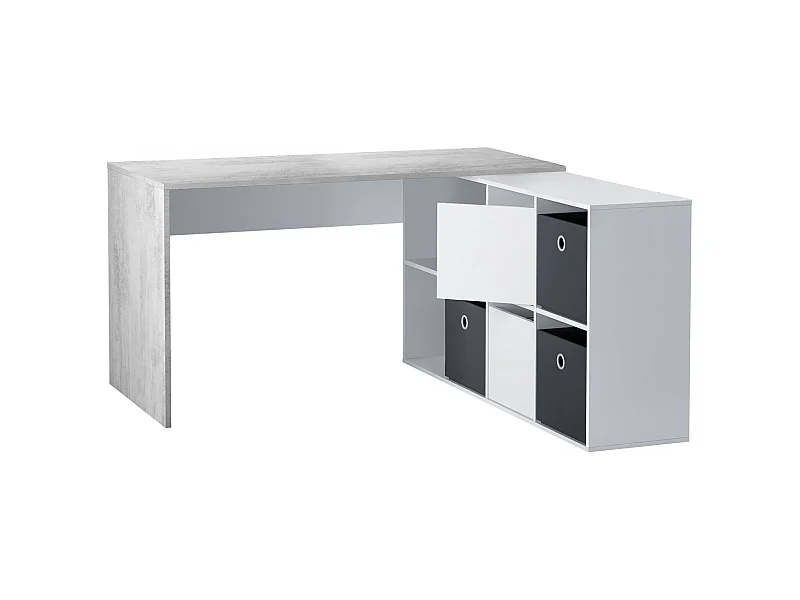 Schreibtisch Dmorlup, Umschaltbarer Multipositions-Schreibtisch, Arbeits- oder Bürotisch für PC mit Regal, 136x139h74 cm, WeiÃŸ und Zement