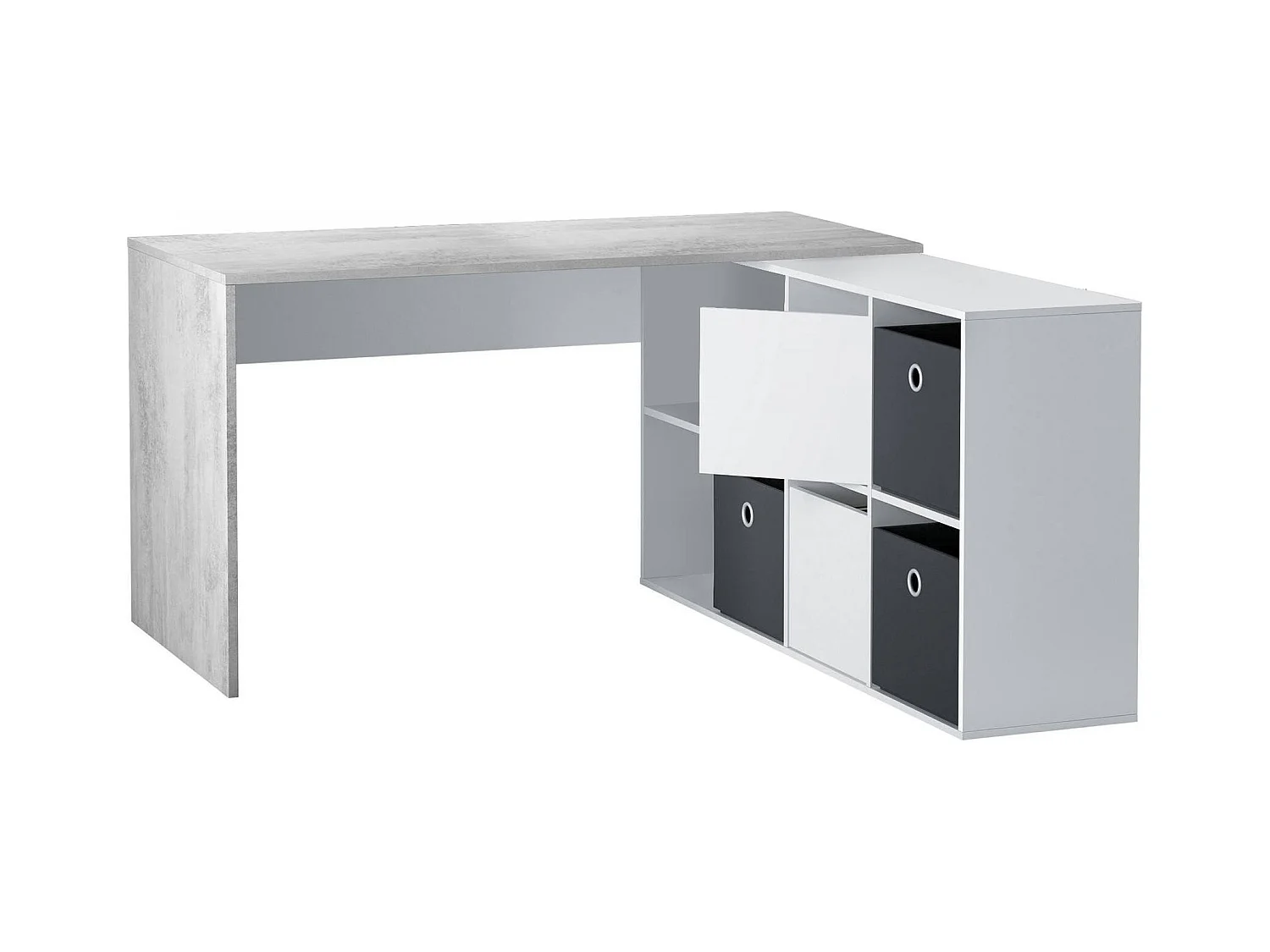 Bureau Dmorlup, Bureau multi-positions réversible multifonction, Table d'étude ou de bureau pour PC avec étagère, 136x139h74 cm, Blanc et Ciment