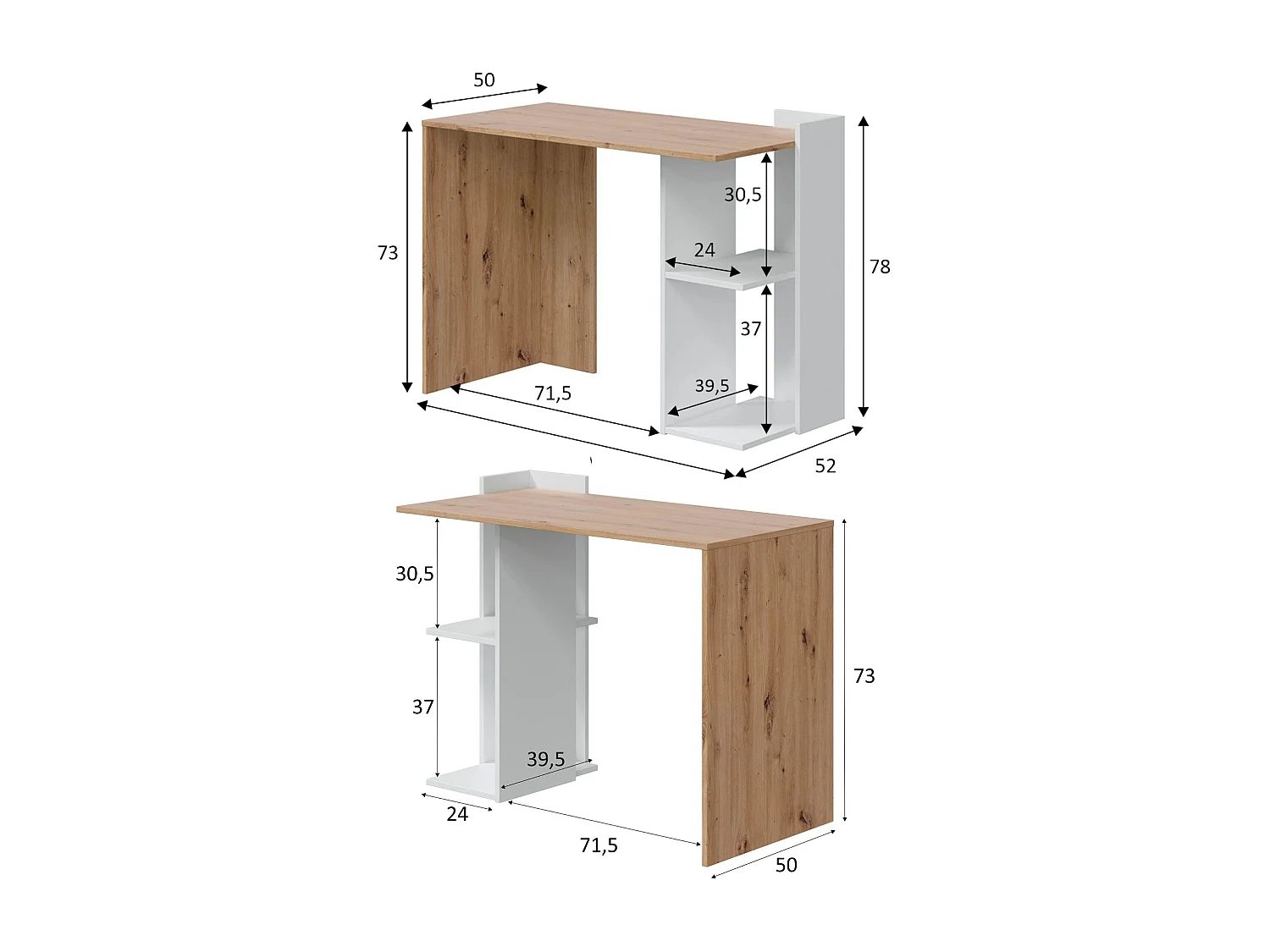 Bureau Tucson, Bureau multi-positions réversible multifonctions, Table d'étude ou de bureau pour PC avec étagère et étagères, 100x52h78 cm, Chêne blanc et noué