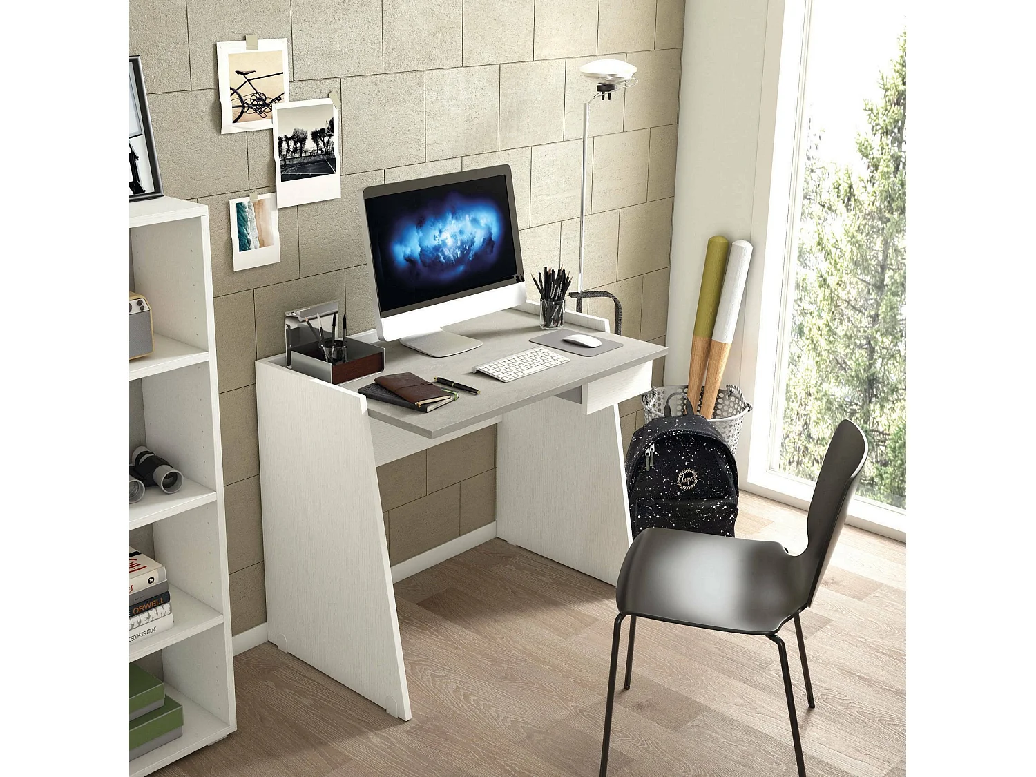 Bureau Darin, Bureau moderne avec tiroir, Table d'étude ou de bureau, Porte-livre PC, 100% Made in Italy, 90x60h80 cm, Blanc et Ciment