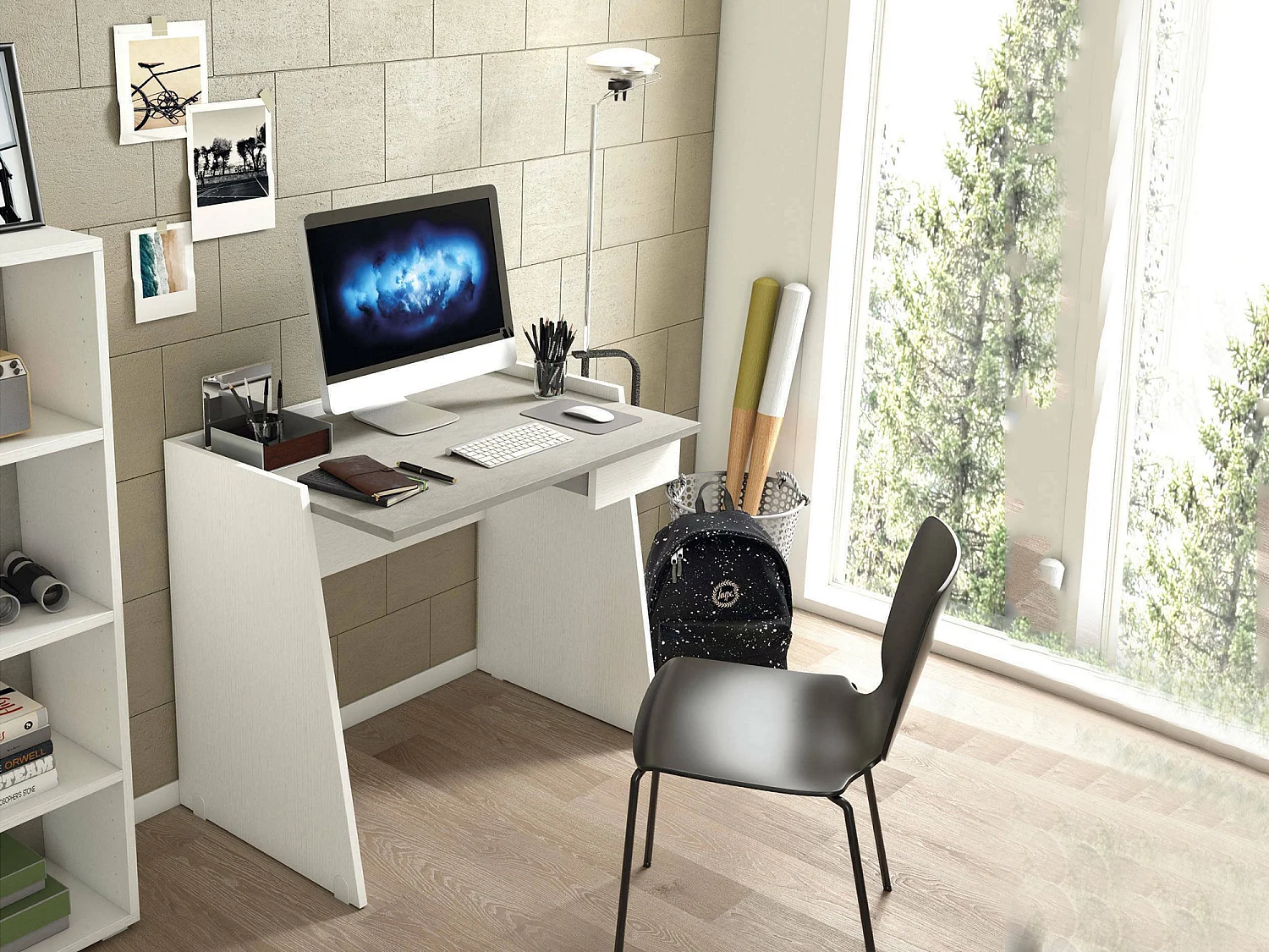 Bureau Darin, Bureau moderne avec tiroir, Table d'étude ou de bureau, Porte-livre PC, 100% Made in Italy, 90x60h80 cm, Blanc et Ciment