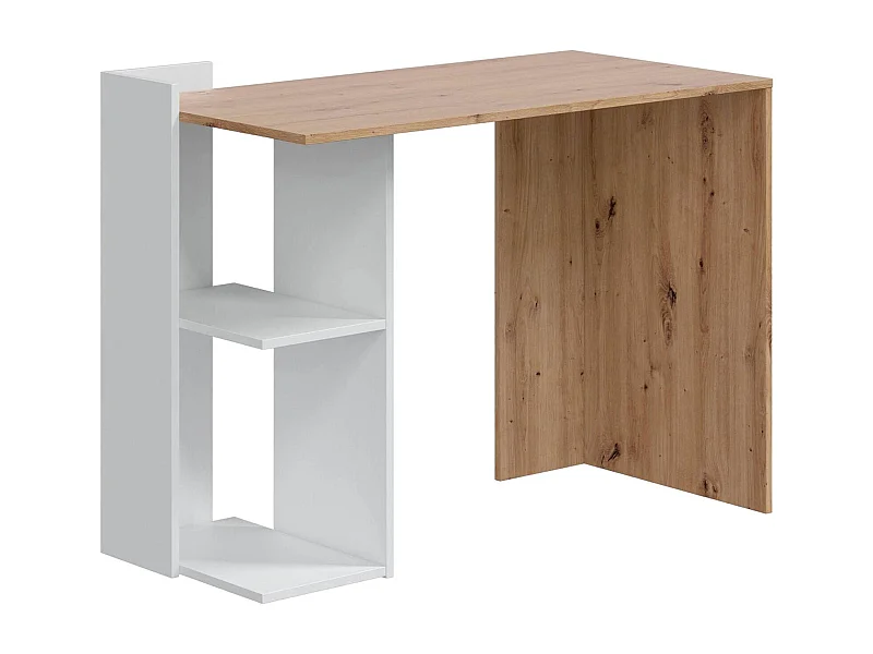 Bureau Dmonti, Bureau multi-positions réversible multifonctions, Table d'étude ou de bureau pour PC avec étagère et étagères, 100x52h78 cm, Chêne blanc et noué