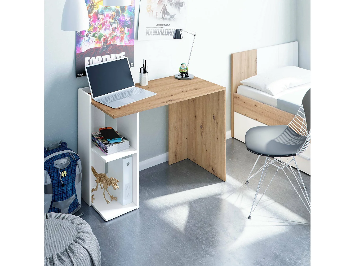 Dmonti Bureau, Multifunctioneel omkeerbaar bureau met meerdere posities, Studeer- of kantoortafel voor pc met plank en planken, 100x52h78 cm, Wit en geknoopt eiken