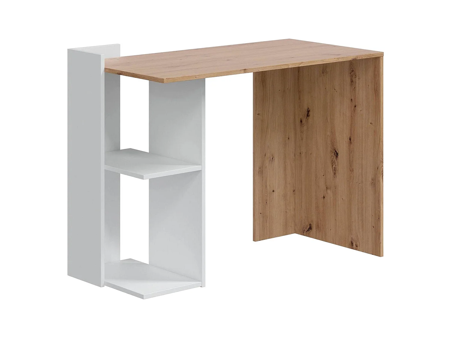 Bureau Dmonti, Bureau multi-positions réversible multifonctions, Table d'étude ou de bureau pour PC avec étagère et étagères, 100x52h78 cm, Chêne blanc et noué