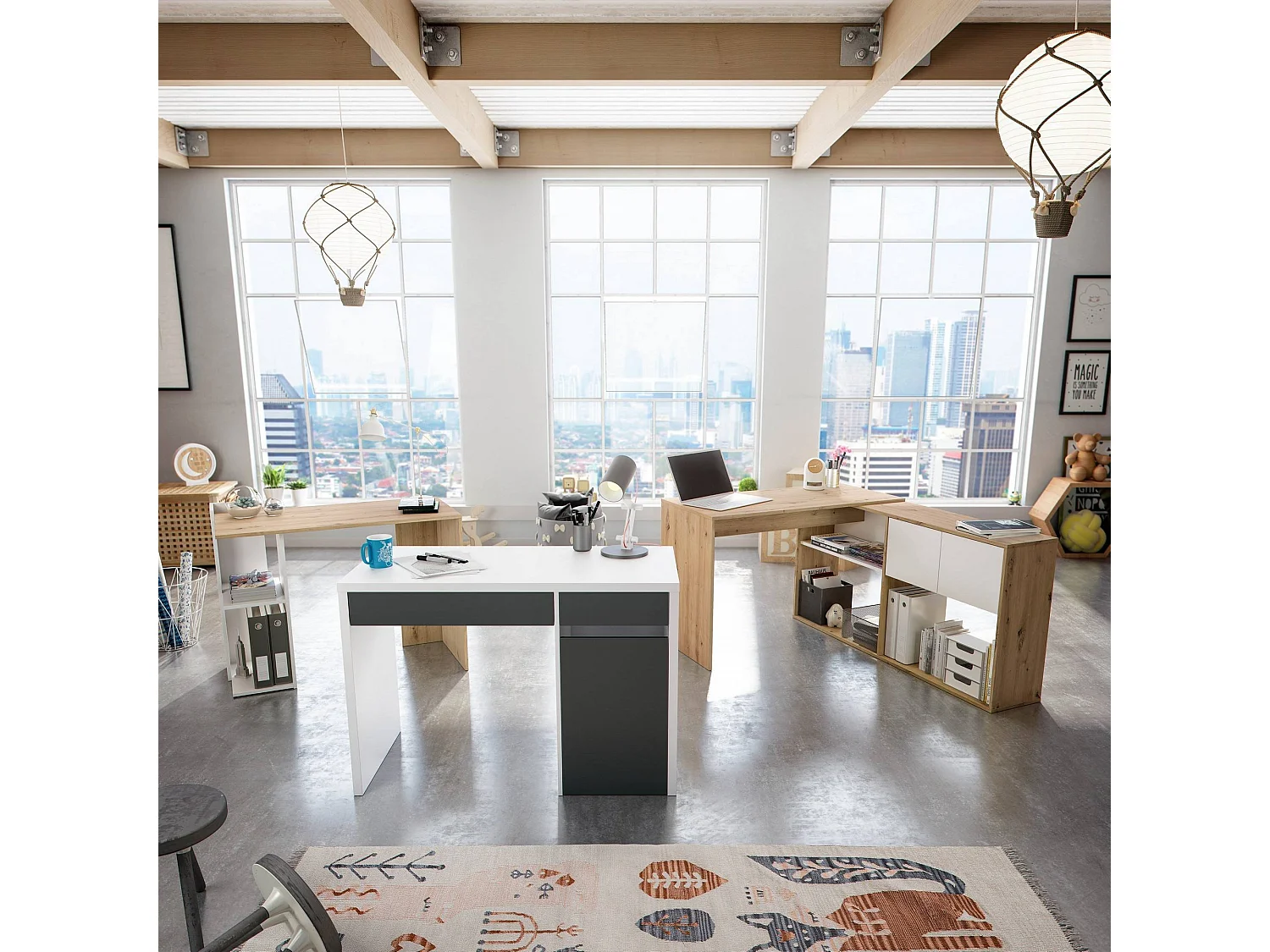 Dmonti Bureau, Multifunctioneel omkeerbaar bureau met meerdere posities, Studeer- of kantoortafel voor pc met plank en planken, 100x52h78 cm, Wit en geknoopt eiken