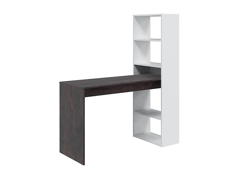 Bureau Denton, Bureau multifonction réversible avec bibliothèque 5 étagères, Table d'étude ou de bureau pour support livre PC, 120x53h144 cm, Blanc et Oxyde