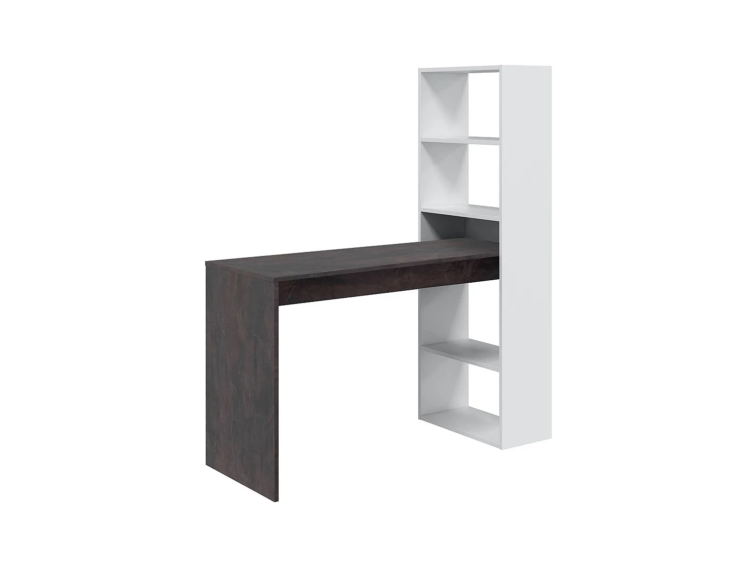 Bureau Denton, Bureau multifonction réversible avec bibliothèque 5 étagères, Table d'étude ou de bureau pour support livre PC, 120x53h144 cm, Blanc et Oxyde