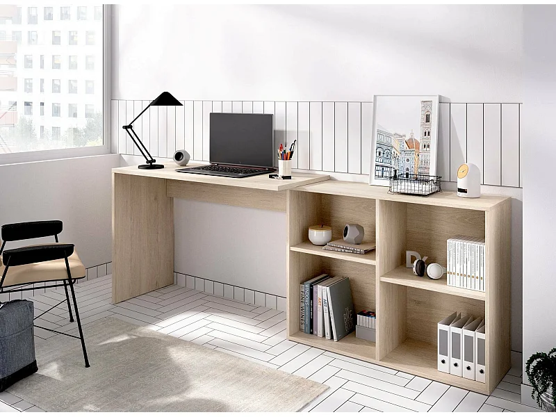 Escritorio Mulaz, Escritorio multiposición para oficina o dormitorio, Mesa de estudio de esquina con baldas, 121x96h74 cm, Roble