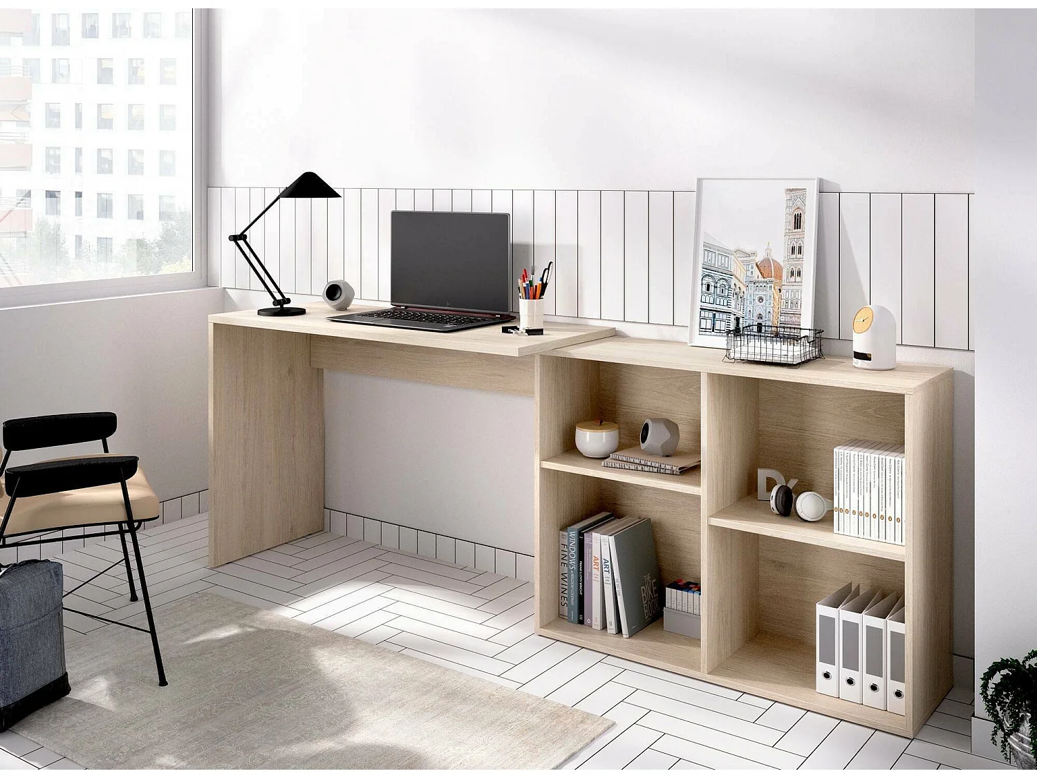 Bureau Mulaz, Bureau multi-positions pour bureau ou chambre, Table d'étude d'angle avec étagères, 121x96h74 cm, Chêne