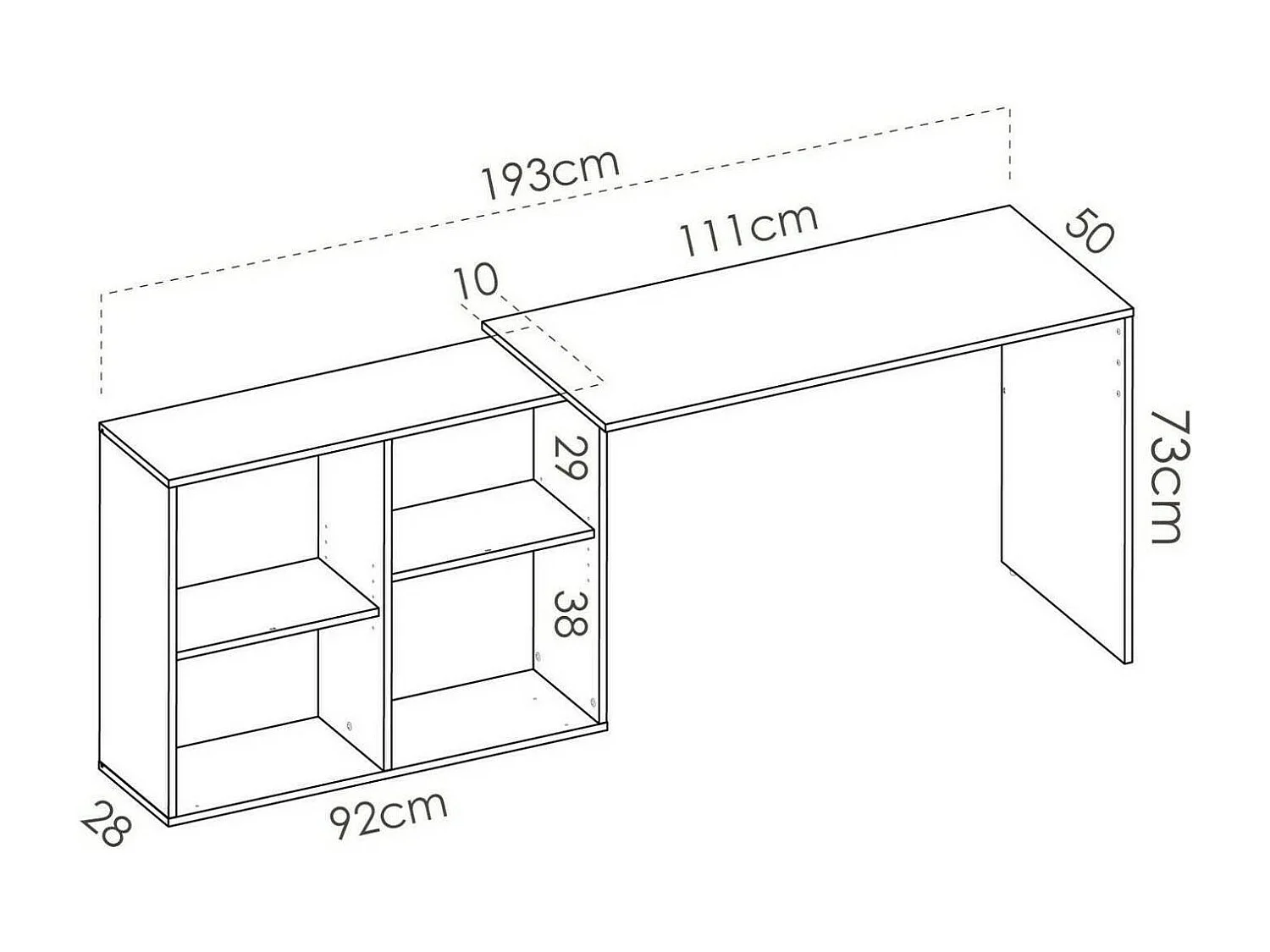 Mulaz bureau, Multi-positie bureau voor kantoor of slaapkamer, Hoekstudietafel met planken, 121x96h74 cm, Eiken