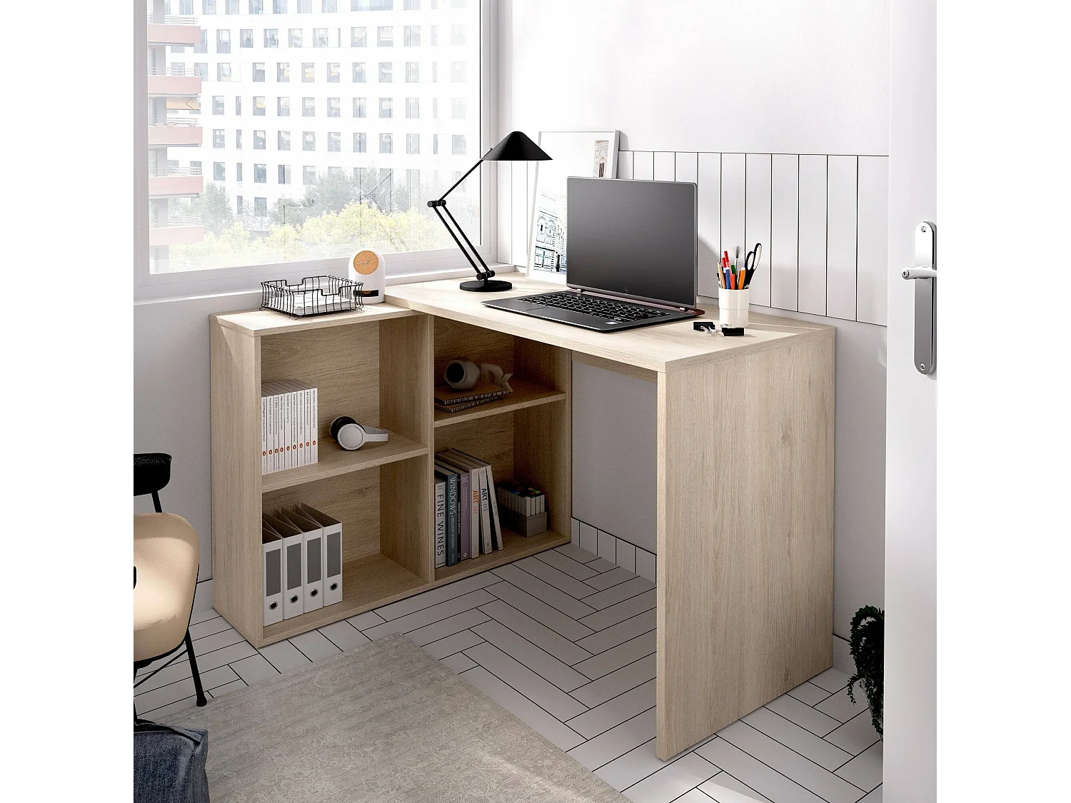Dmora Bureau Mulaz 96x121x74h cm Bruin Eiken Modulair Hoekmodel, 2 Planken