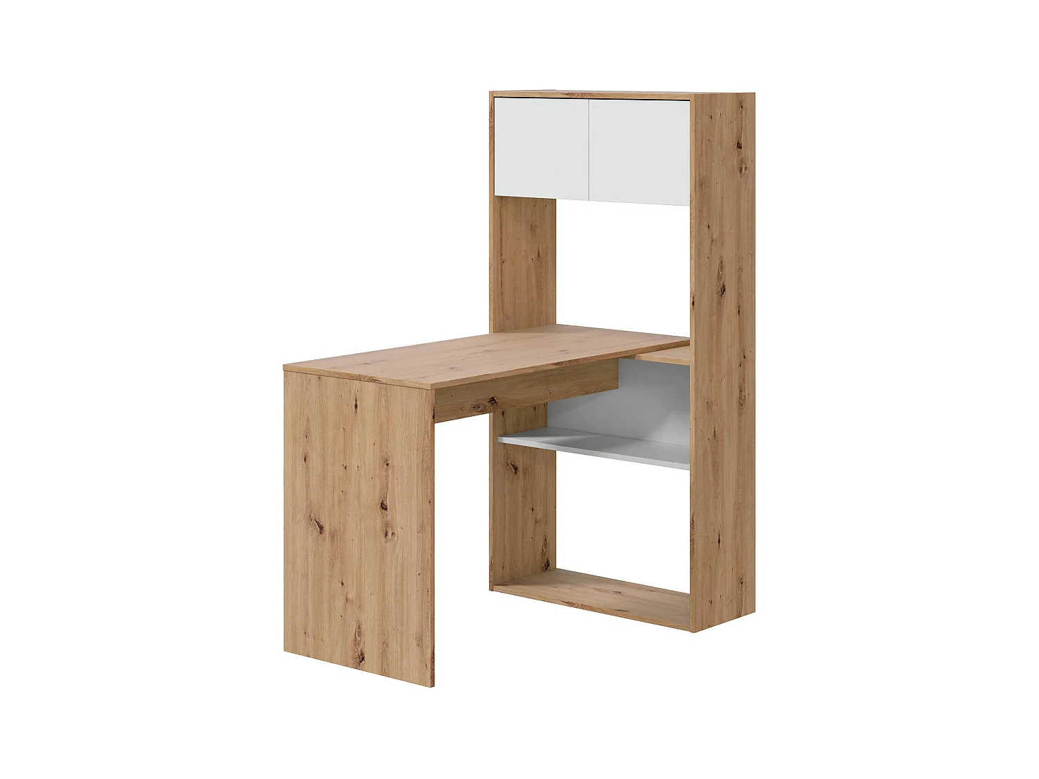Bureau Riverside, Bureau d'angle réversible multifonctionnel avec bibliothèque, Table d'étude ou de bureau multi-positions, 108x70h140 cm, Chêne blanc et noué