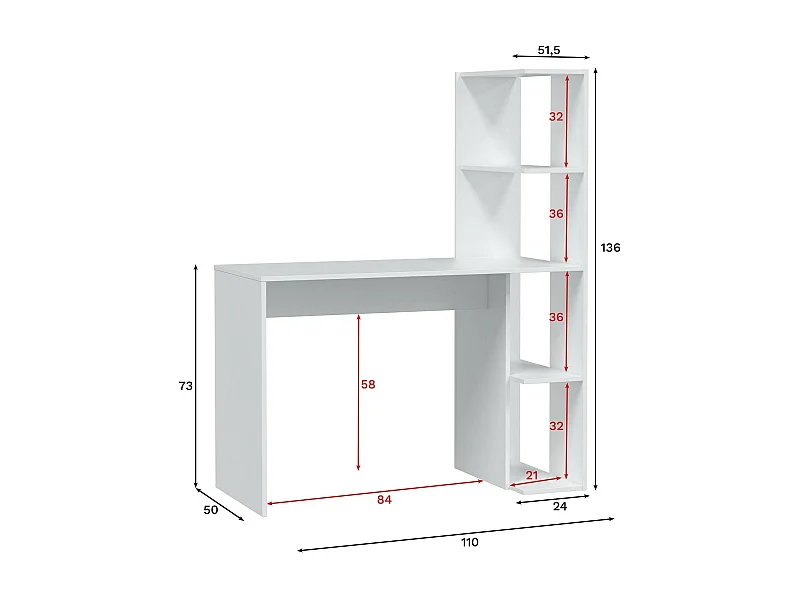 Bureau Pittston, Bureau linéaire avec bibliothèque, Table de bureau polyvalente peu encombrante, 110x50h136 cm, Blanc