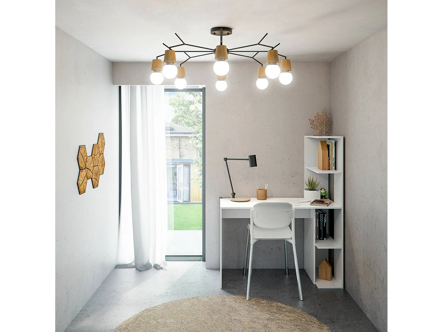 Pittston Bureau, Lineair bureau met boekenkast, Ruimtebesparende multifunctionele kantoortafel, 110x50h136 cm, Wit