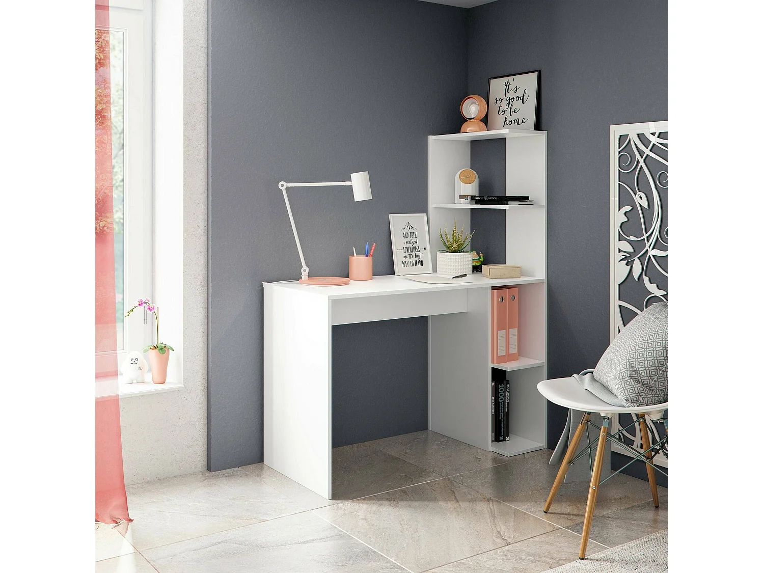 Escritorio Pittston, Escritorio lineal con librería, Mesa de oficina multiusos que ahorra espacio, 110x50h136 cm, Blanco