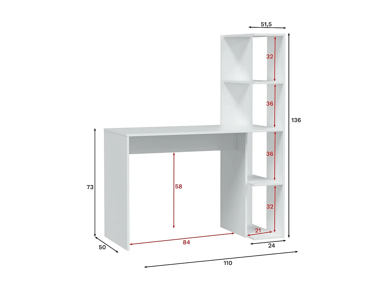 Schreibtisch Pittston, linearer Schreibtisch mit Bücherregal, platzsparender Mehrzweck-Bürotisch, 110 x 50 x 136 cm, WeiÃŸ