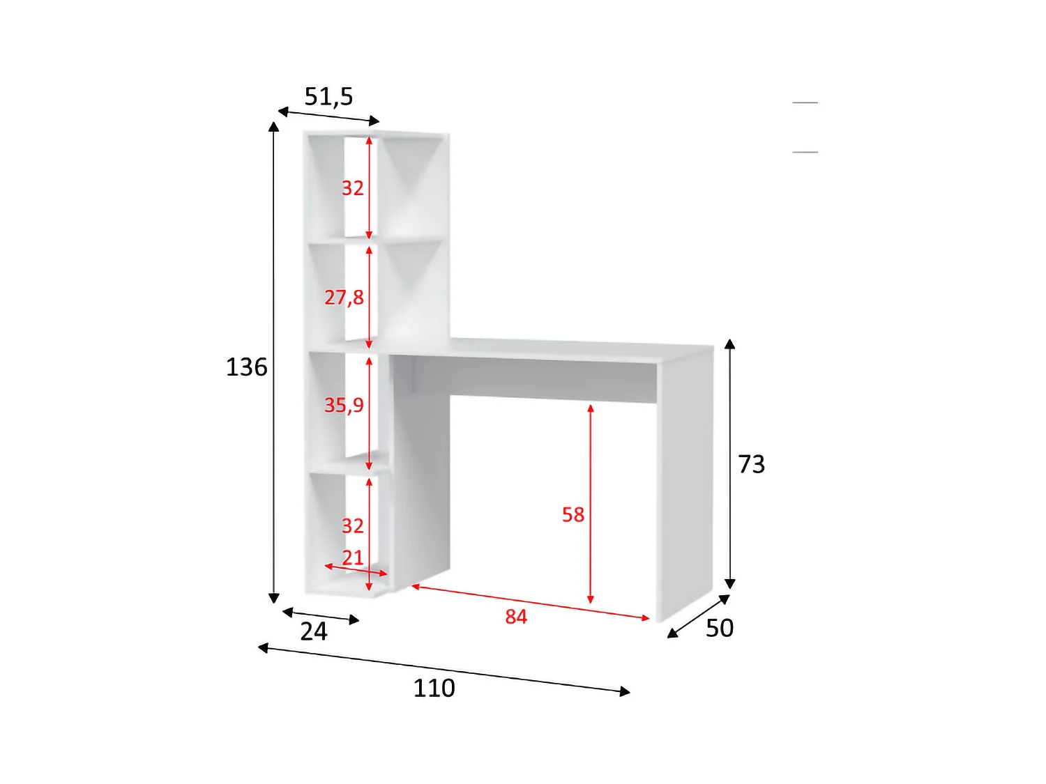 Mesa Pittston, mesa linear com estante, mesa de escritório multifuncional que economiza espaço, 110x50h136 cm, branca
