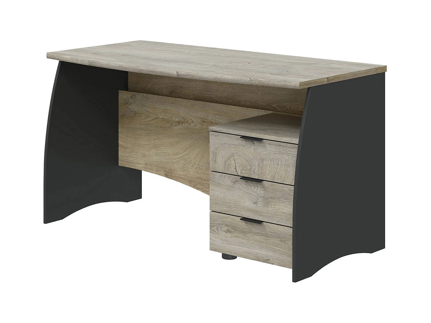 Davell bureau, Bureau, PC-studeertafel met 3 laden, 136x67h74 cm, Eiken en Antraciet