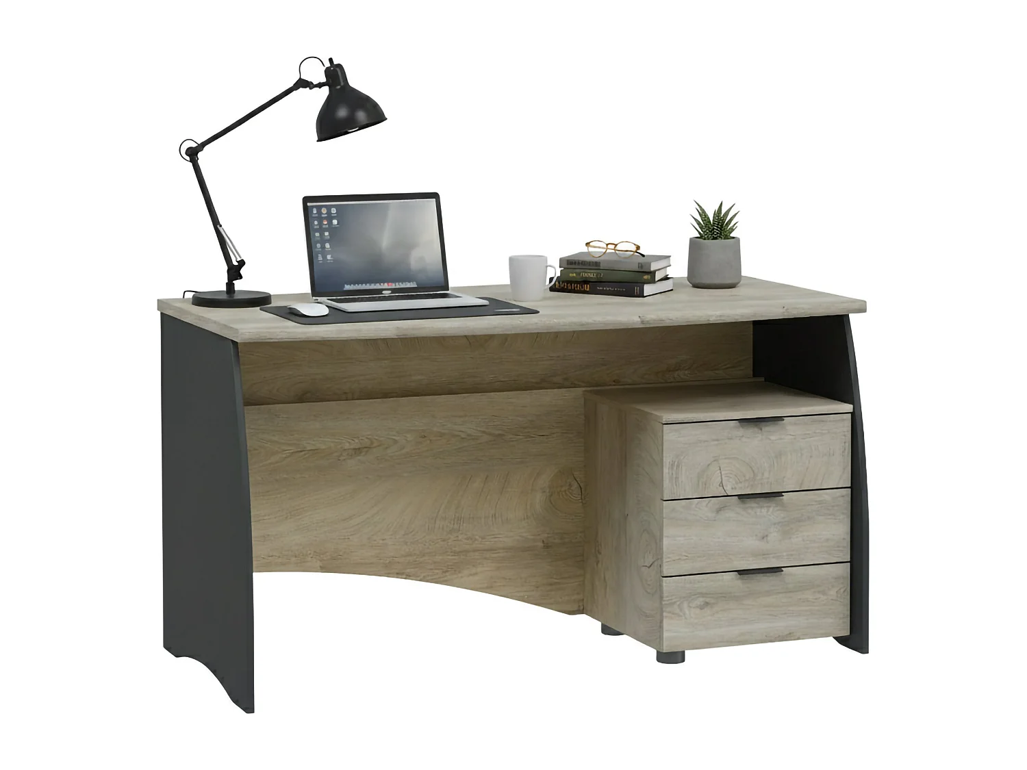 Bureau Davell, Bureau, Table d'étude PC avec 3 tiroirs, 136x67h74 cm, Chêne et Anthracite