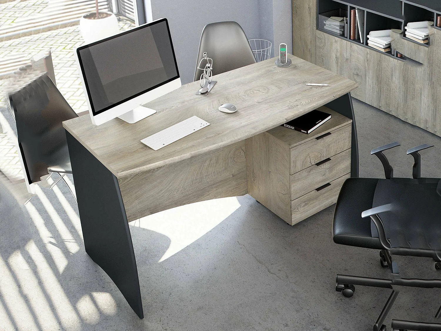 Bureau Davell, Bureau, Table d'étude PC avec 3 tiroirs, 136x67h74 cm, Chêne et Anthracite