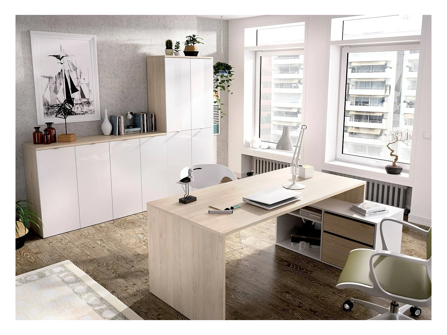 Schreibtisch Gardena, Mehrzweckschreibtisch für Büro oder Schlafzimmer, Mehrzweck-Ecktisch, 139 x 92 x 75 cm, Weiß und Eiche