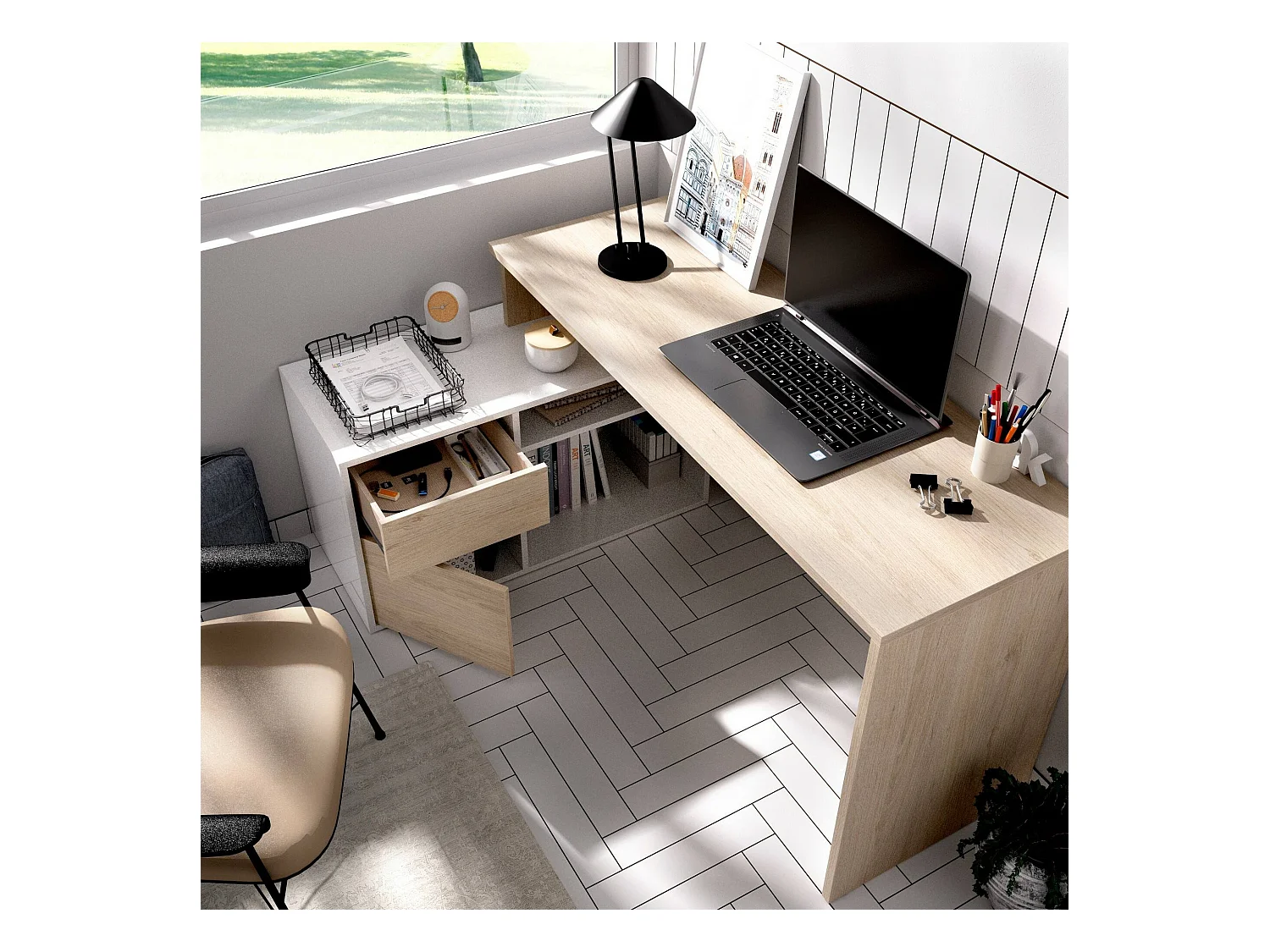 Schreibtisch Gardena, Mehrzweckschreibtisch für Büro oder Schlafzimmer, Mehrzweck-Ecktisch, 139 x 92 x 75 cm, Weiß und Eiche