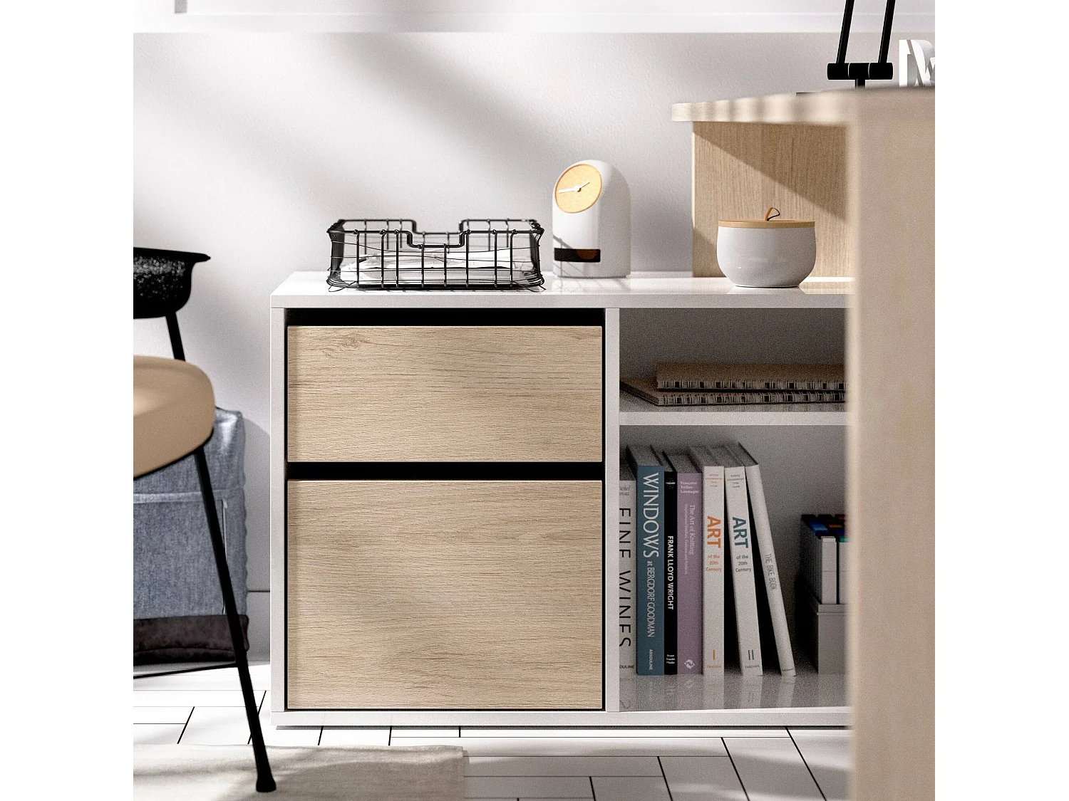 Bureau Gardena, Bureau multi-positions pour le bureau ou la chambre, Table d'étude d'angle polyvalente, 139x92h75 cm, Blanc et Chêne