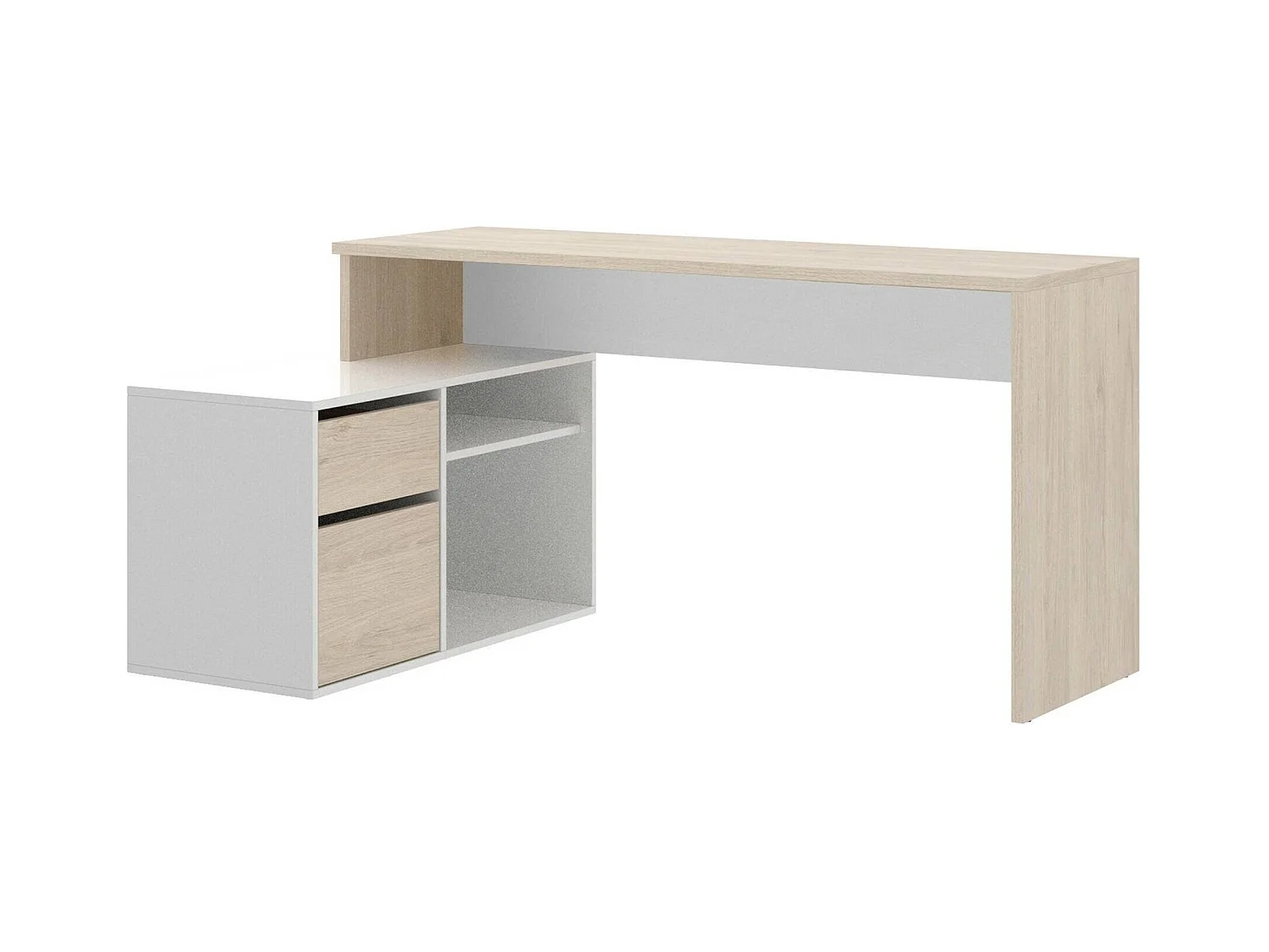 Bureau Gardena, Bureau multi-positions pour le bureau ou la chambre, Table d'étude d'angle polyvalente, 139x92h75 cm, Blanc et Chêne