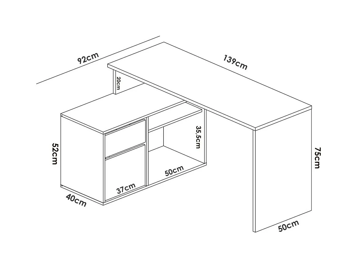 Secretária Gardena, Secretária multiposições para escritório ou quarto, Mesa de estudo multiusos de canto, 139x92h75 cm, Branco e Carvalho